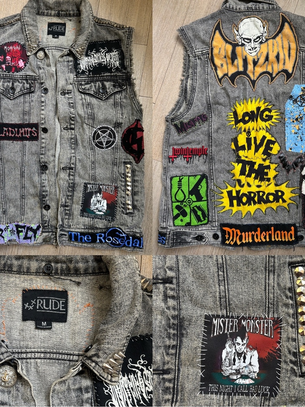 Vintage RUDE Black Acid-Wash Denim Battle Vest Patch Vest with Studs Medium